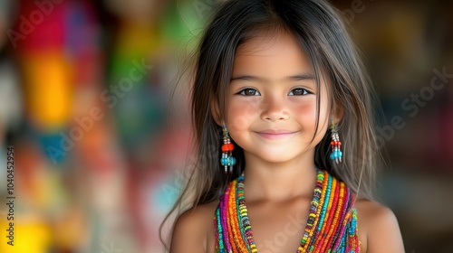 A young girl wearing colorful jewelry and a colorful dress is smiling. Concept of happiness and joy