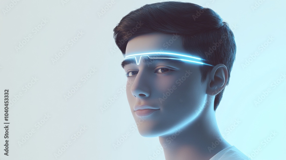 A futuristic portrait of a young man with glowing technology above his forehead, symbolizing innovation and modernity. A futuristic portrait of a young man with glowing technology above his forehead, symbolizing innovation and modernity.