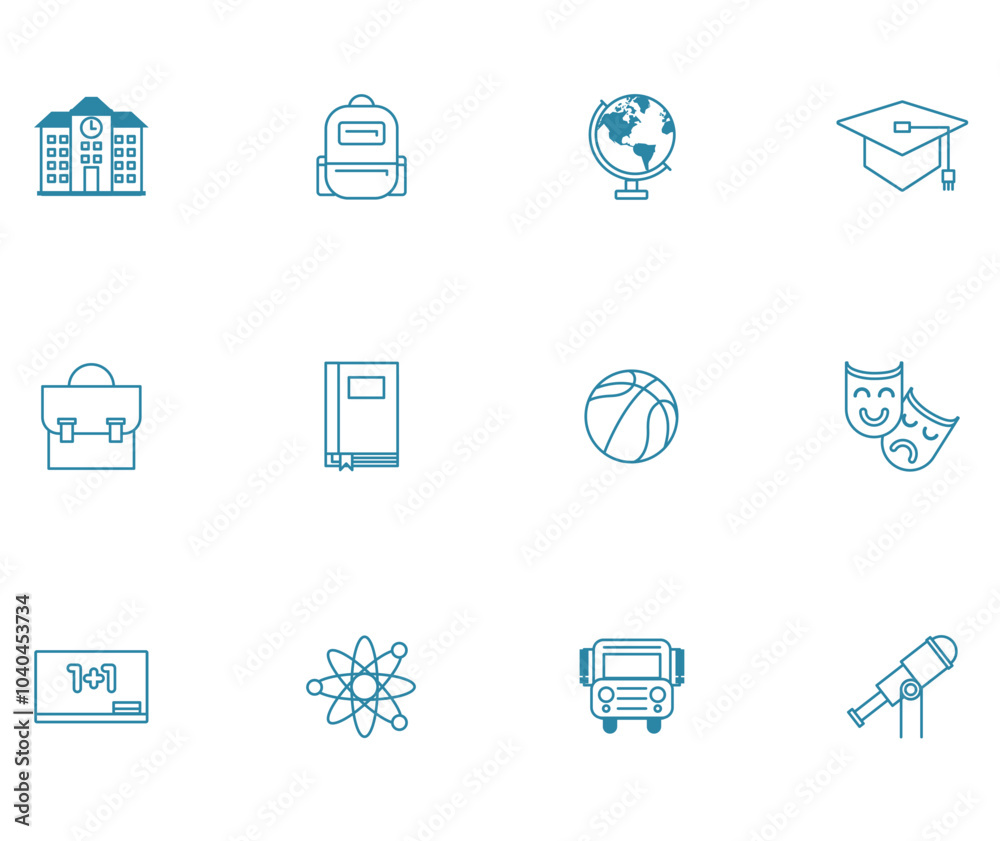 Set of school vector icons in blue lines with white background Set of school vector icons in blue lines with white background