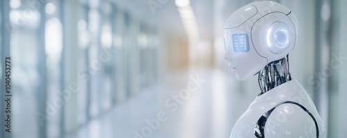 A futuristic robot stands in a modern corridor, symbolizing advancements in technology and artificial intelligence.