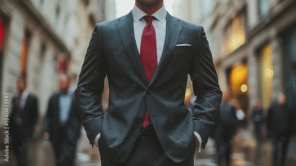 A man in a suit and tie stands in the rain with his hands in his pockets. He is wearing a red tie and a black jacket