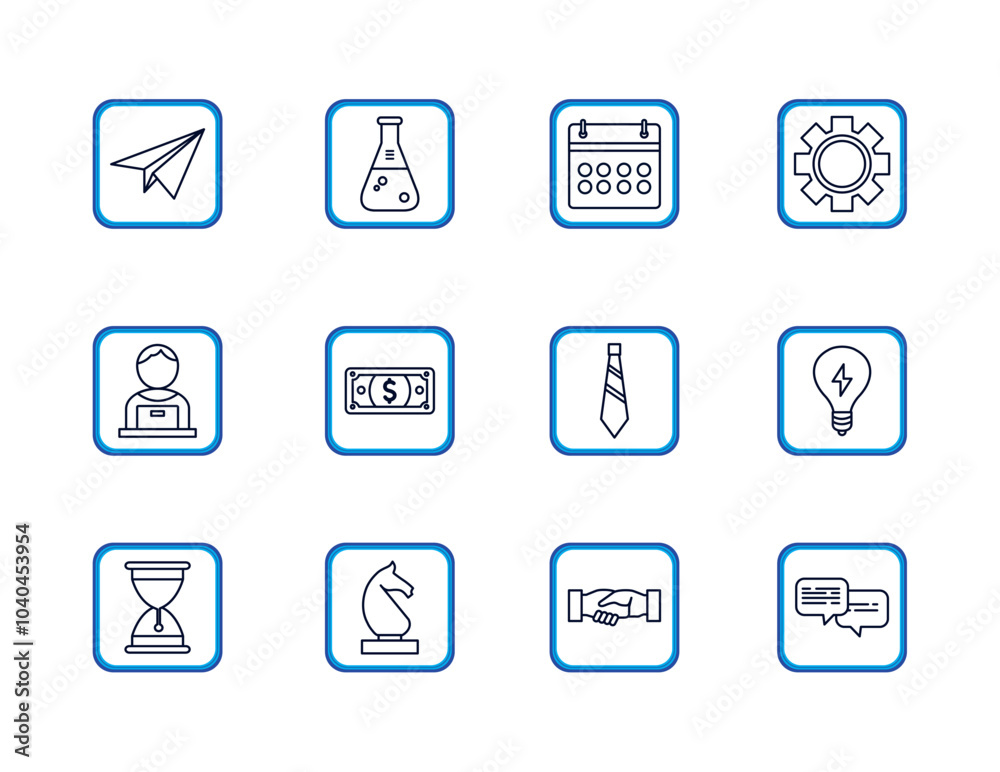 Set of vector business icons in black lines with blue border on white background Set of vector business icons in black lines with blue border on white background