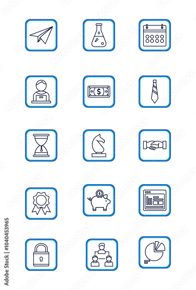 Set of vector business icons in black lines with blue border on white background Set of vector business icons in black lines with blue border on white background