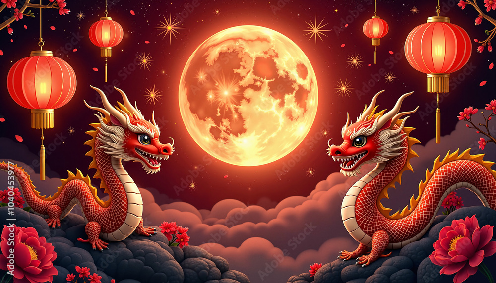 Majestic golden dragons with fierce expressions guarding full moon Majestic golden dragons with fierce expressions guarding full moon