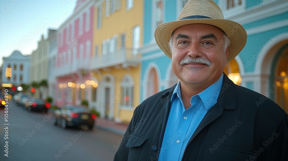 A man wearing a straw hat and a blue shirt stands in front of a colorful building. The scene is set in a city with cars parked on the street A man wearing a straw hat and a blue shirt stands in front of a colorful building. The scene is set in a city with cars parked on the street