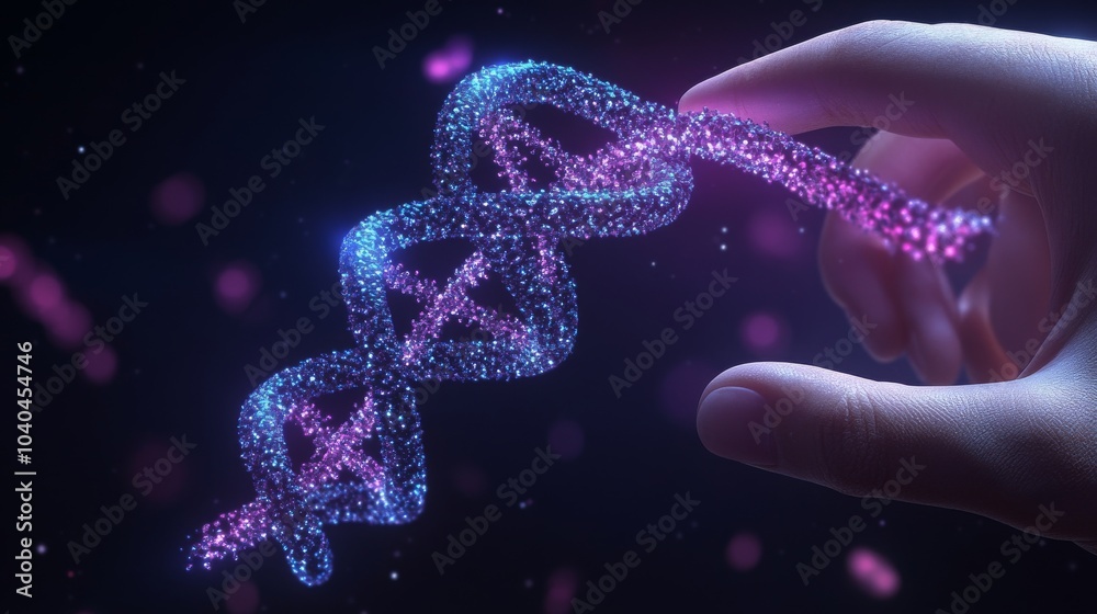 A hand holding a glowing DNA strand in a dark background, illustrating the beauty of genetics and molecular biology. A hand holding a glowing DNA strand in a dark background, illustrating the beauty of genetics and molecular biology.