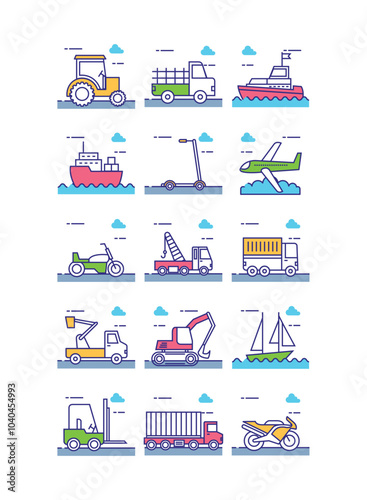 Vector image of transport icon set with clouds and white background