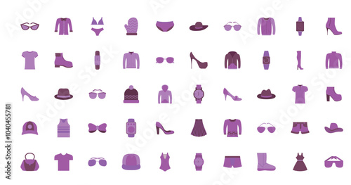 Vector icon set of purple clothes and accessories on a white background