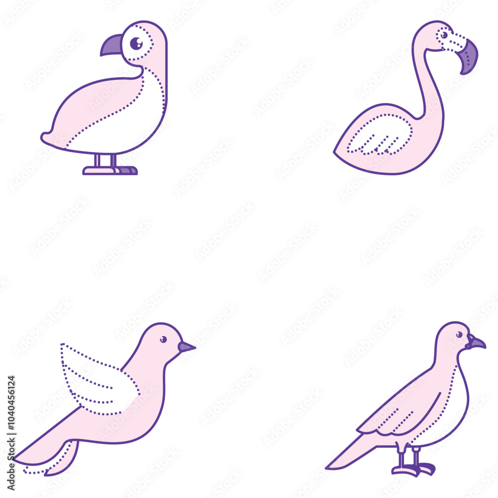 Vector icon set of purple and white birds on white background Vector icon set of purple and white birds on white background