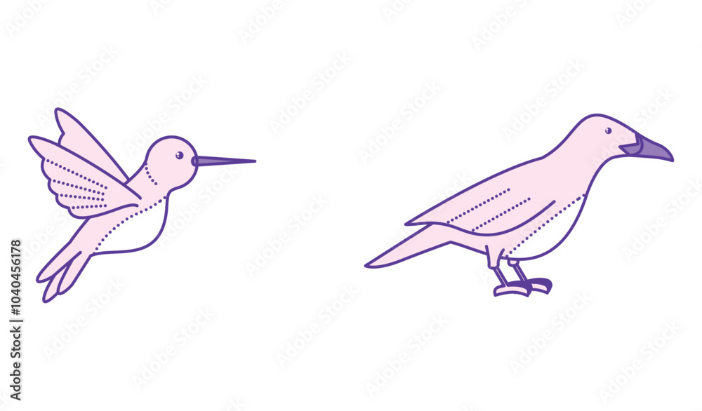 Fototapeta premium Vector icon set of purple and white birds on white background