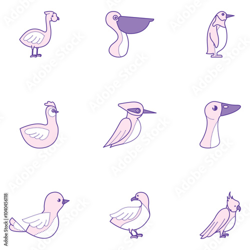 Vector icon set of purple and white birds on white background photo