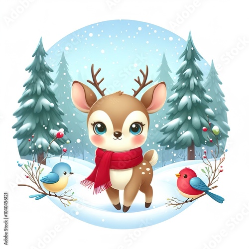 A small fawn with a scarf around its neck in a winter forest with birds photo