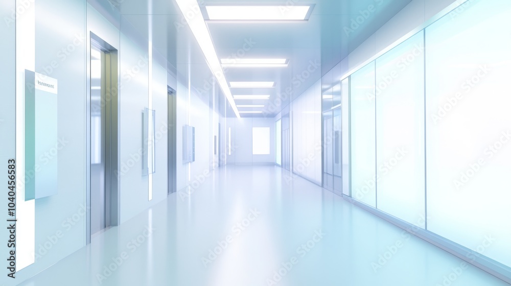 A modern, sterile hallway with bright lights and transparent glass walls, promoting a sense of cleanliness and efficiency. A modern, sterile hallway with bright lights and transparent glass walls, promoting a sense of cleanliness and efficiency.