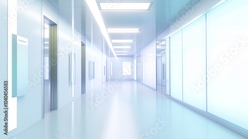 A modern, sterile hallway with bright lights and transparent glass walls, promoting a sense of cleanliness and efficiency.