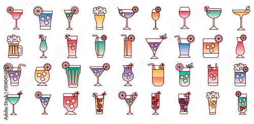 Vector icon set of glasses and glass cups with liquor inside