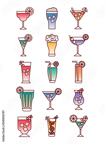 Vector icon set of glasses and glass cups with liquor inside