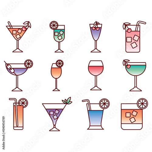 Vector icon set of glasses and glass cups with liquor inside