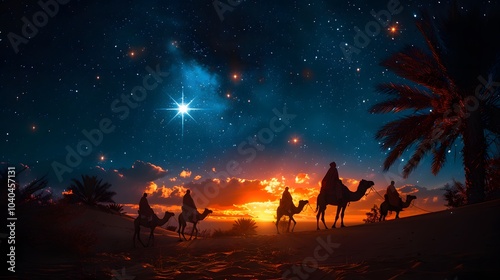 Silhouetted astrologers on camels in motion, their eyes fixed on a brilliant star shining above, the desert dunes beneath them shifting as they move,