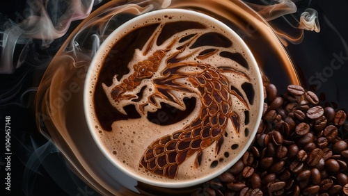 Wallpaper Mural Close-up of latte art featuring dragon design in warm, rich tones Torontodigital.ca