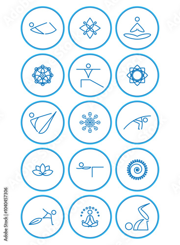 Set of yoga icons inside a circle of blue lines