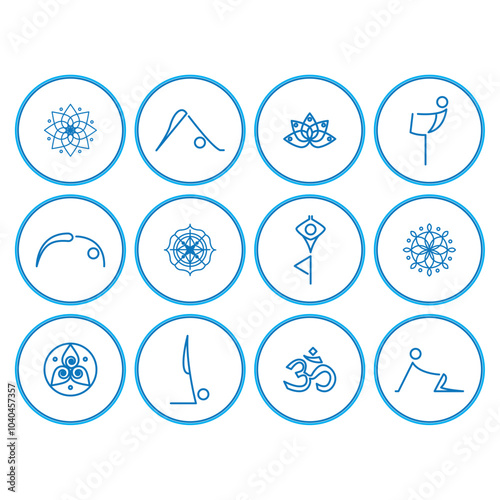Set of yoga icons inside a circle of blue lines