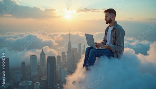 Wallpaper Mural Professional Working Remotely from a Cloud with Laptops, Digital Nomad Lifestyle, Remote Work Concepts Torontodigital.ca