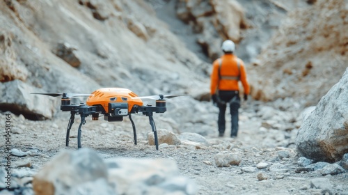 Robotic rescue drones conducting search and rescue missions in hazardous terrains, disaster relief operations with autonomous rescue units, Emergency Response style