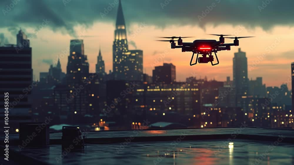 A drone hovers over a city skyline at sunset, capturing urban landscapes. A drone hovers over a city skyline at sunset, capturing urban landscapes.