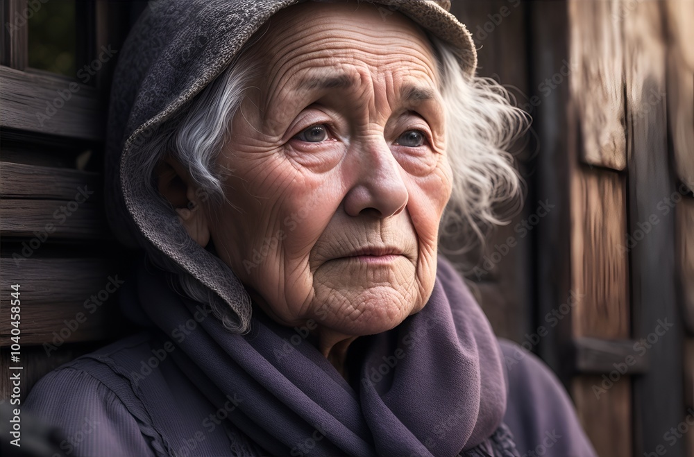 portrait of a gray-haired elite woman with a sad expression near an old house, problems of the elderly