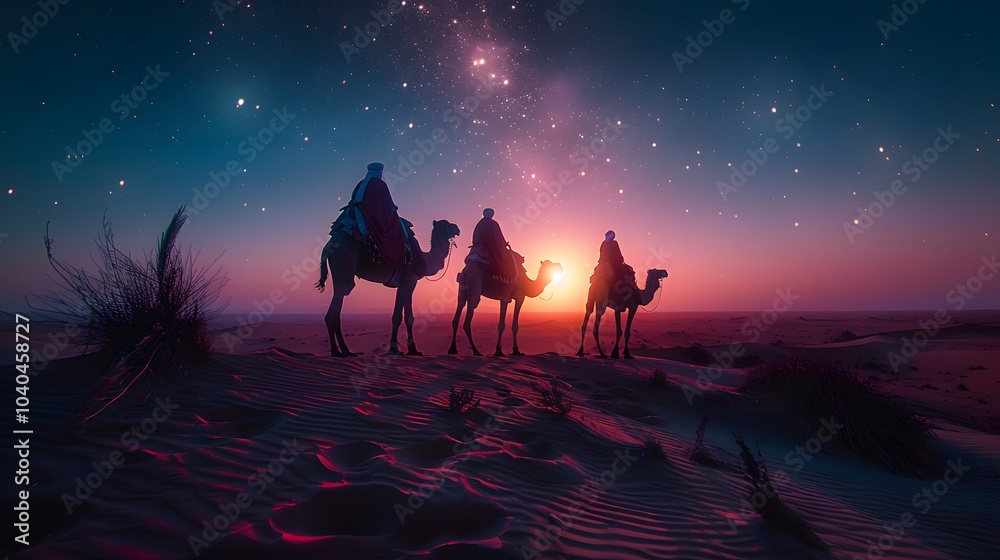 Silhouettes of three astrologers riding camels, the eastern star glowing intensely in the night sky, the soft light reflecting off the desert sands, the camels casting long shadows, Silhouettes of three astrologers riding camels, the eastern star glowing intensely in the night sky, the soft light reflecting off the desert sands, the camels casting long shadows,
