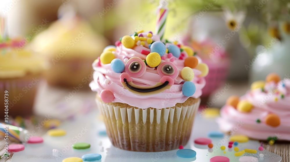 A whimsical birthday cupcake with a smiling face and colorful toppings, artistically arranged on a light table for celebration. A whimsical birthday cupcake with a smiling face and colorful toppings, artistically arranged on a light table for celebration.
