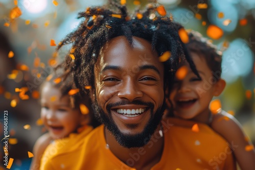 Joyful Family Moment in Autumn with Smiling Faces and Falling Leaves photo