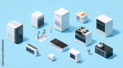 Isometric Arrangement of Kitchen Appliances on a Light Blue Background