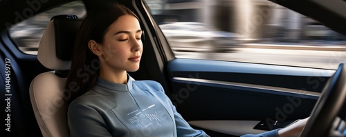 A serene woman enjoys a moment of calm while driving in a modern car, showcasing confidence and tranquility on the road. photo