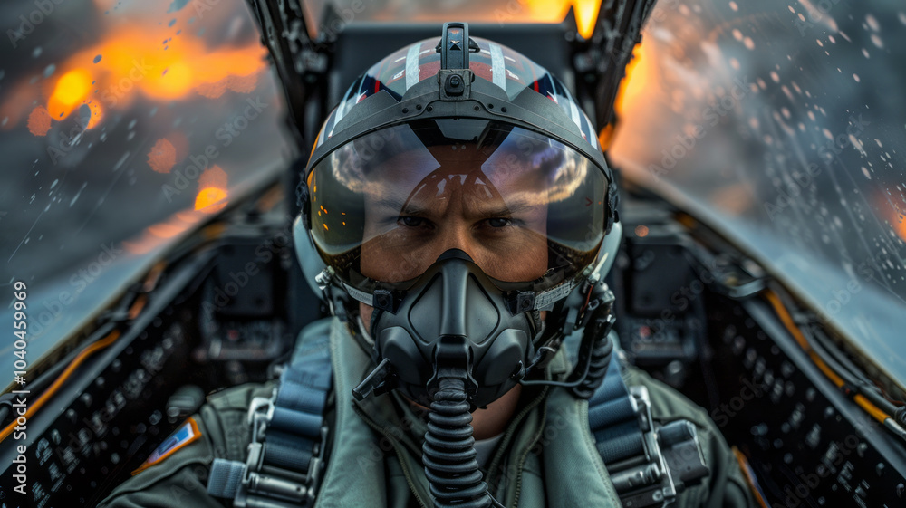 A fighter pilot, dressed in full flight gear, tightens the straps on their harness as they prepare for takeoff. A fighter pilot, dressed in full flight gear, tightens the straps on their harness as they prepare for takeoff.