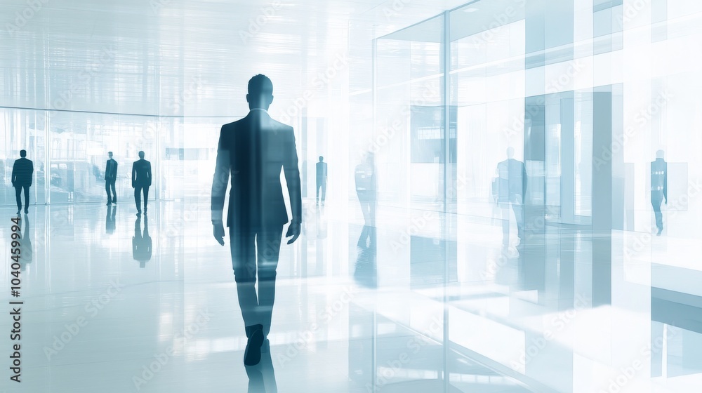 A silhouette of a man walking through a modern office space, embodying professionalism and ambition in a digital age. A silhouette of a man walking through a modern office space, embodying professionalism and ambition in a digital age.