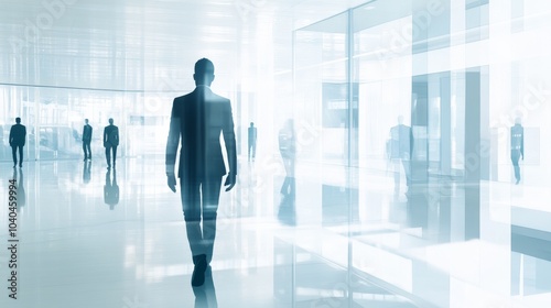 A silhouette of a man walking through a modern office space, embodying professionalism and ambition in a digital age.