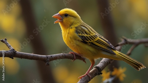 A small yellow bird with black stripes perched on a branch, singing with its beak open.