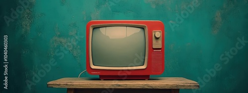 Retro red television, vintage table lamp, wooden console, teal textured wall, moody lighting, nostalgic atmosphere, 1970s decor, analog technology, mid-century modern design, dark shadows, cinematic c