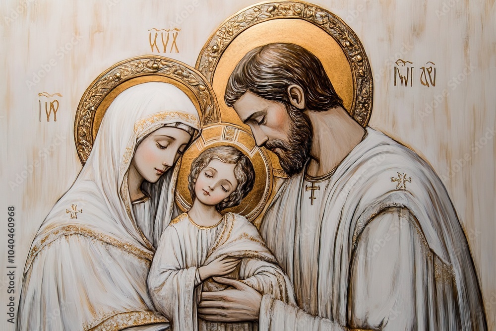 The Holy Family: little Jesus, Mary and Joseph in white clothes on a white background
