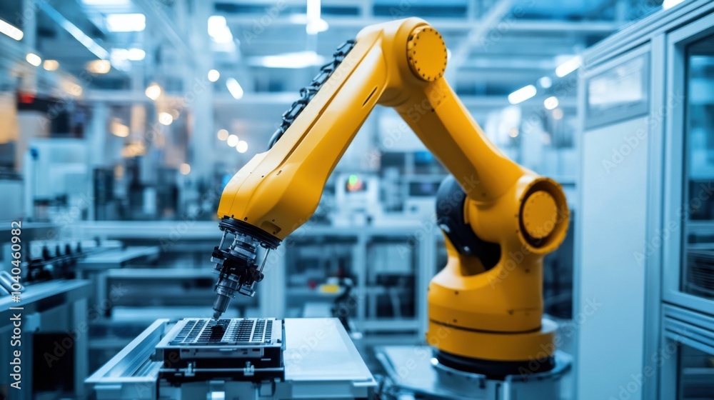 A cutting-edge robotic arm in a clean manufacturing environment, showcasing precision and technology, Robotics style A cutting-edge robotic arm in a clean manufacturing environment, showcasing precision and technology, Robotics style