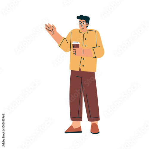 Man Character Standing with Coffee Cup Relaxing in Nature in the Park Vector Illustration