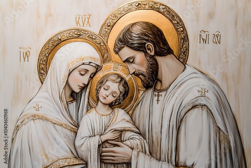 Obraz na płótnie The Holy Family: little Jesus, Mary and Joseph in white clothes on a white background w salonie