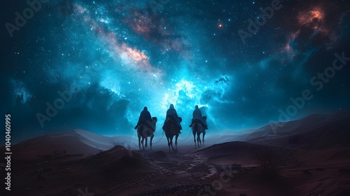 Three astrologers riding camels through a desert landscape, the eastern star glowing brightly above them, casting a soft, mystical light on the dunes, the sky filled with countless stars,