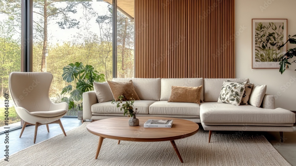 Fototapeta premium Modern minimalist living room, floor-to-ceiling windows, panoramic forest view, curved cream sofa, egg chair, wooden coffee table, potted plant, warm lighting, earth tones, mid-century modern aestheti