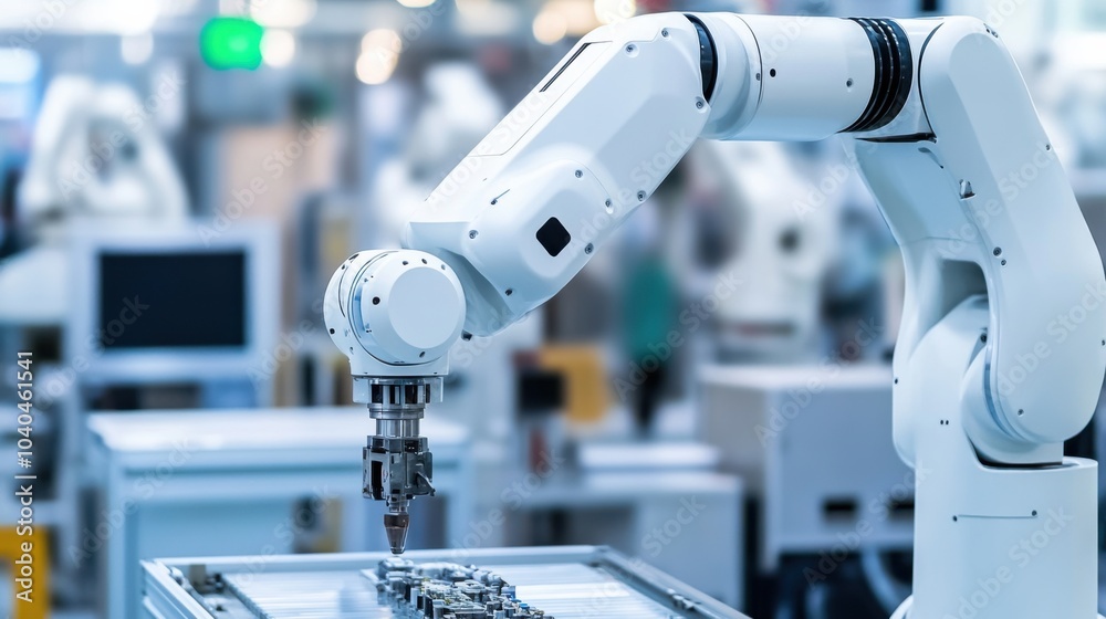 A cutting-edge robotic arm in a clean manufacturing environment, showcasing precision and technology, Robotics style A cutting-edge robotic arm in a clean manufacturing environment, showcasing precision and technology, Robotics style