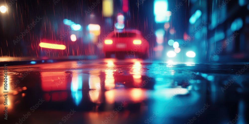Blurry urban night scene, neon lights, reflective wet streets, bokeh effect, vibrant colors, city atmosphere, rainy evening, defocused streetlights, cinematic mood, cyberpunk aesthetic, long exposure 