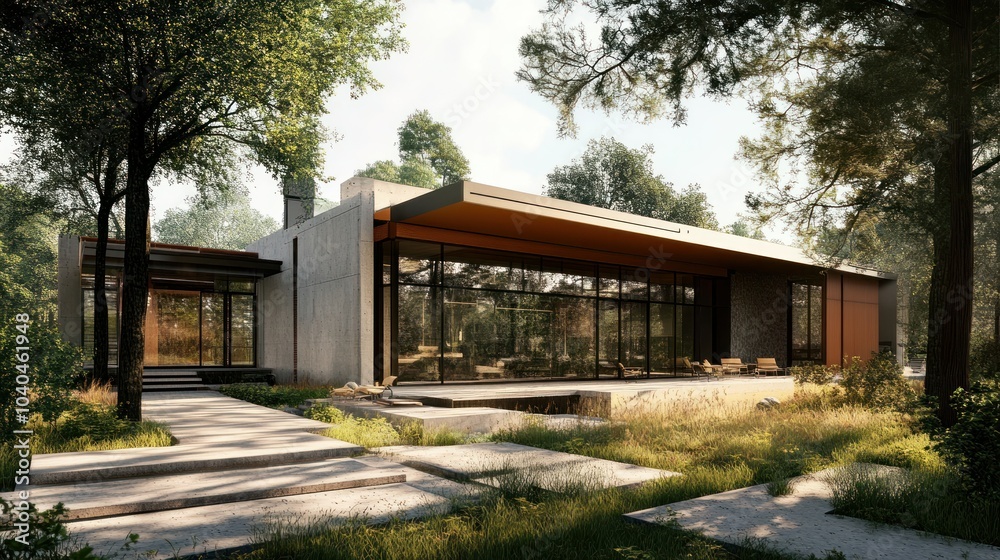 Modern Concrete House with Large Windows and a Stone Patio Modern Concrete House with Large Windows and a Stone Patio