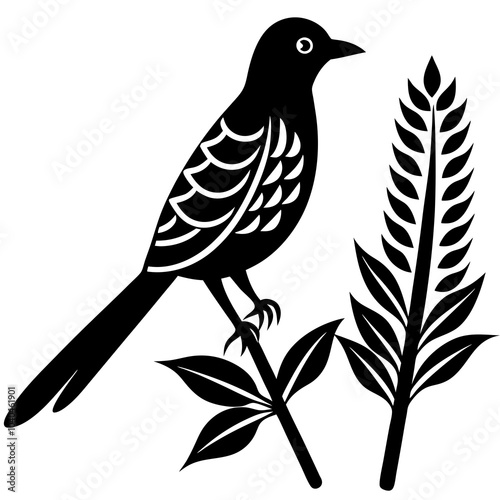 Black and white silhouette illustration featuring a bird perched on a branch