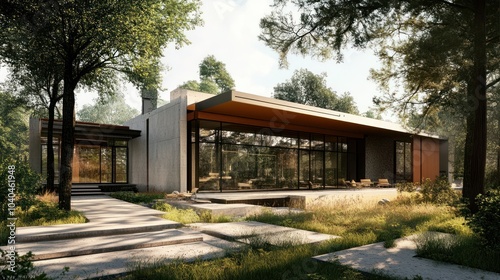 Modern Concrete House with Large Windows and a Stone Patio